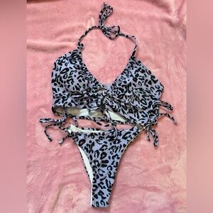 Leopard Print Cutout Halter Bikini Set - Size M